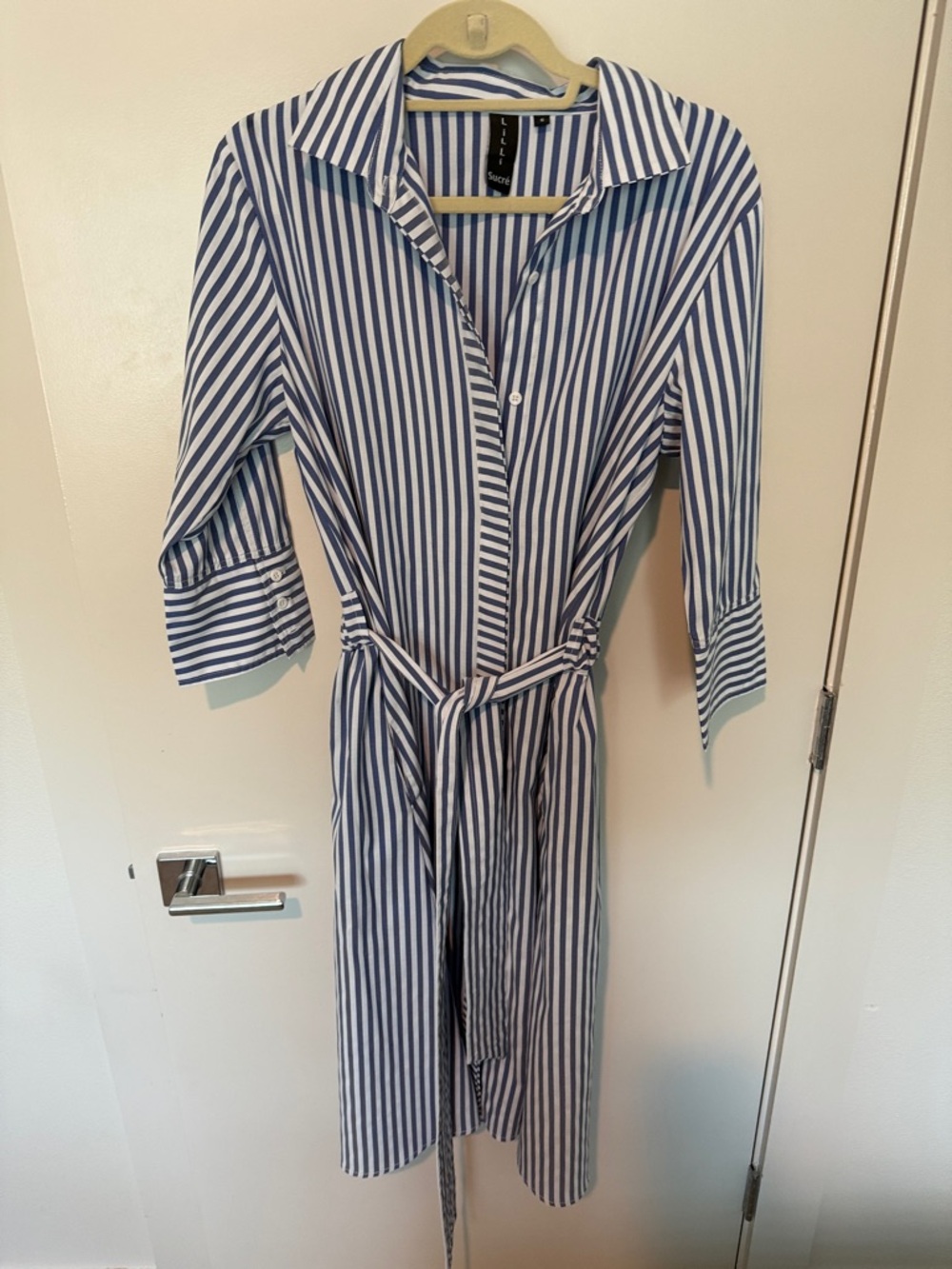 Lilli Sucre Striped Blue and White Midi Shirt Dress with Tie Belt